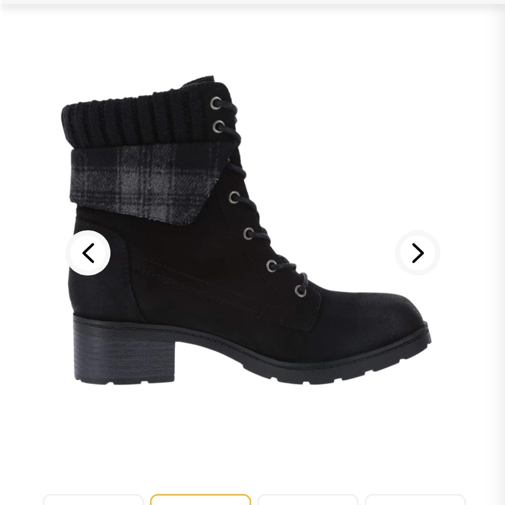 - Brash black lace up heel treaded boots with plaid trim size 7.5